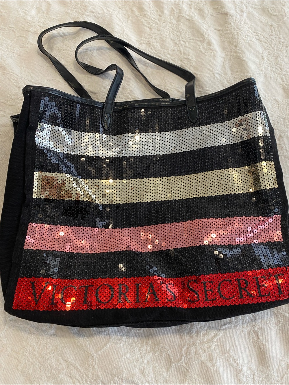 Victoria's Secret Black Sequin Stripe Tote with Silver, Gold, Pink & Red Accents